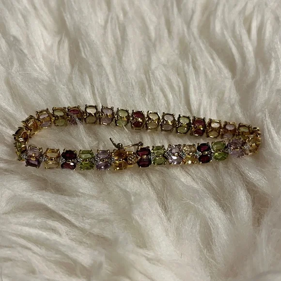 Multicolor Gemstone Sterling Silver Gold Plated Tennis Bracelet - Picture 2 of 3